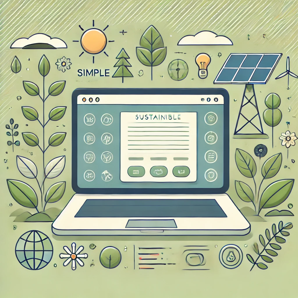 Nachhaltiges Webdesign mit minimalistischer Webseite, umgeben von Natur und Symbolen für erneuerbare Energien
