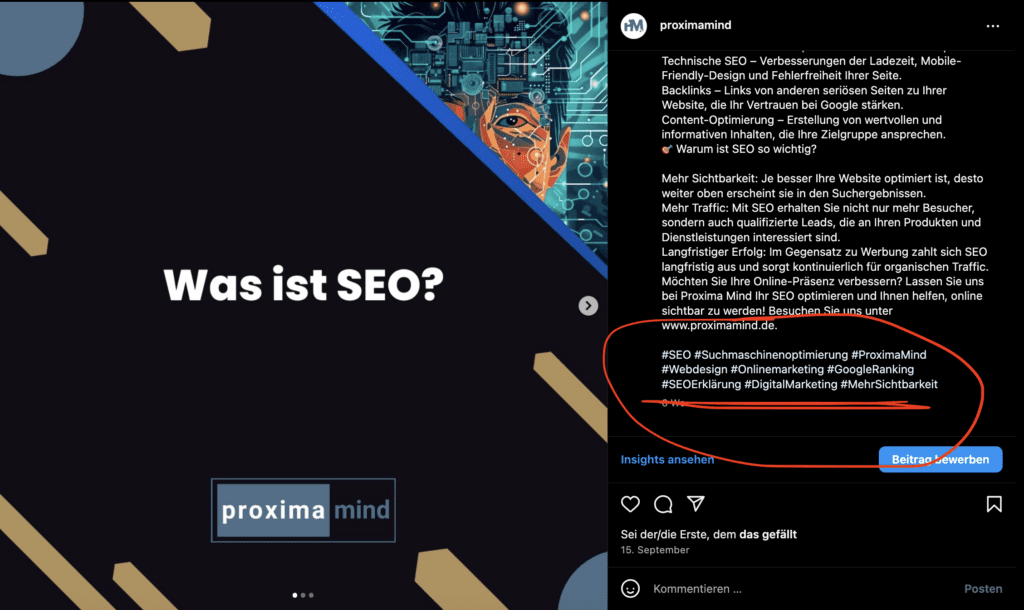 Instagram Beitrag SEO Hashtags