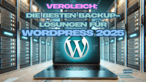 Ein moderner Laptop mit dem WordPress-Logo auf dem Bildschirm, vor einer futuristischen Big-Data-Speicherumgebung. Die Szene ist in Blau- und Weißtönen gehalten, mit subtilen grünen Akzenten für Kontrast.