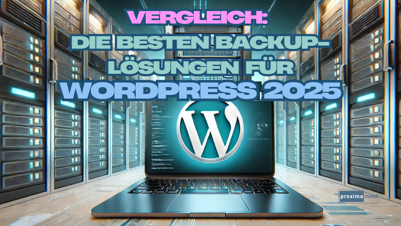 Ein moderner Laptop mit dem WordPress-Logo auf dem Bildschirm, vor einer futuristischen Big-Data-Speicherumgebung. Die Szene ist in Blau- und Weißtönen gehalten, mit subtilen grünen Akzenten für Kontrast.